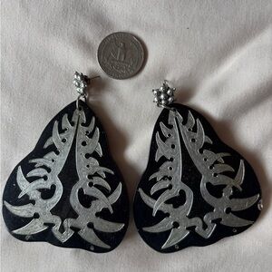 Oversized black and silver tribal-design Statement Earrings